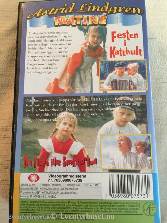 Astrid Lindgren. 1971. Matiné - Festen I Katthult. Du Kjære Lille Snekkerbod. Vhs. Vhs