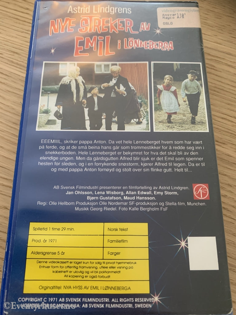 Astrid Lindgren. 1971. Nye Streker Av Emil I Lønneberga. Vhs. Vhs