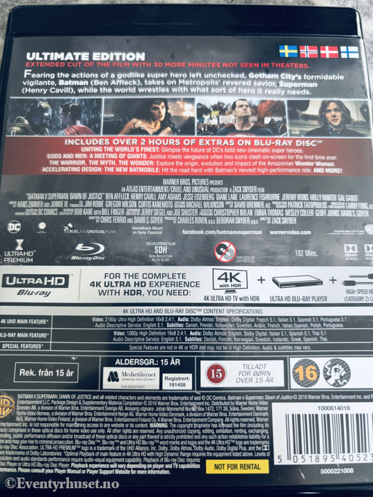 Batman v Superman: Dawn of Justice (Ultimate Edition). 2016. 4K Ultra HD + Blu-ray.