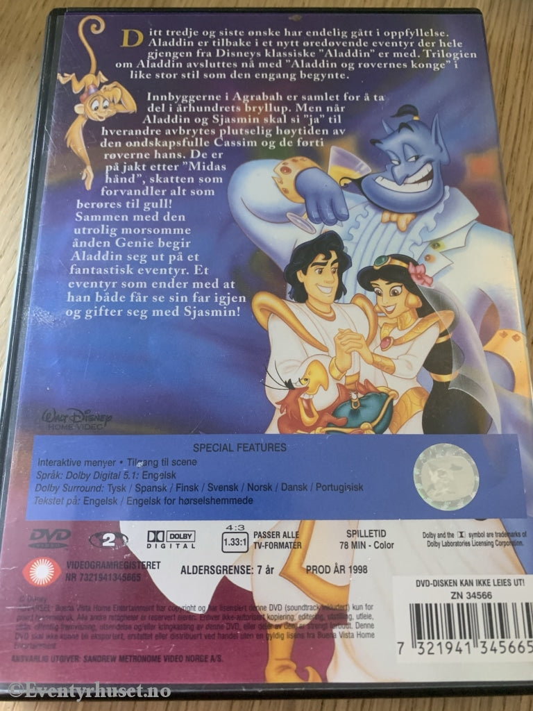 Disney Dvd. Aladdin Og Røvernes Konge. 1998. Dvd