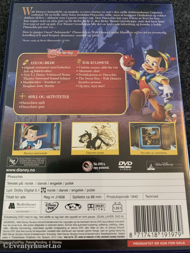 Disney Dvd Gullnummer 02. Pinocchio. 2-Disk Spesialutgave.