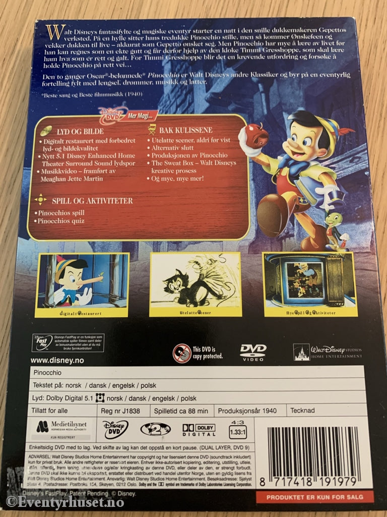 Disney Dvd Gullnummer 02. Pinocchio. 2-Disk Spesialutgave. Slipcase.
