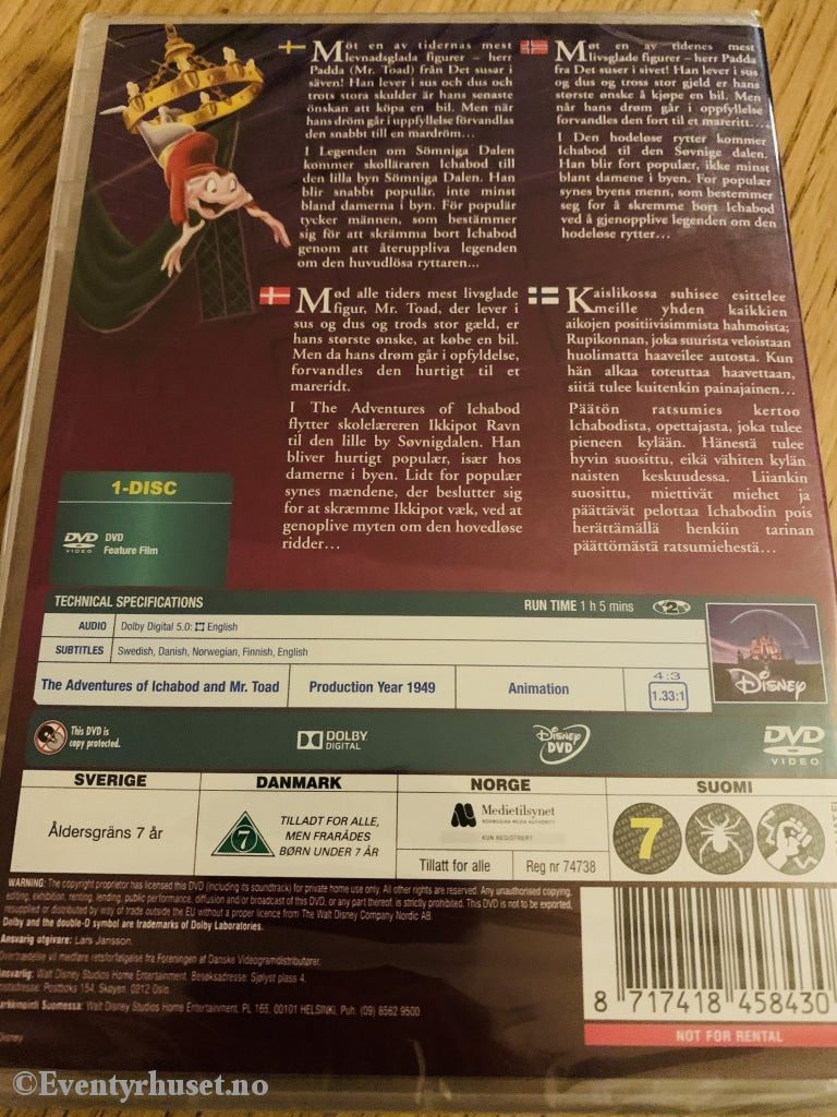 Disney Dvd. Gullnummer 11. The Adventures Of Ichabod And Mr. Toad. 1949. Ny I Plast! Dvd