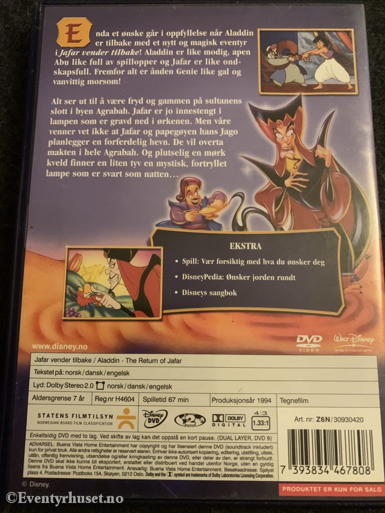 Disney Dvd. Jafar Vender Tilbake. 1994. Dvd