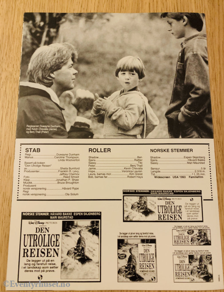 Disney Vaskeseddel/brosjyre. Den Utrolige Reisen. 1993. Vaskeseddel/brosjyre