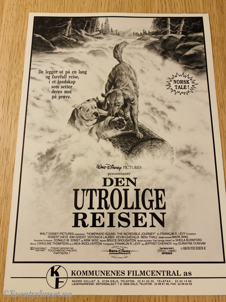 Disney Vaskeseddel/brosjyre. Den Utrolige Reisen. 1993. Vaskeseddel/brosjyre