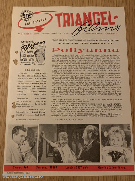 Disney Vaskeseddel/brosjyre. Triangel Film Sensurnr. 39267. Polyanna. Vaskeseddel/brosjyre