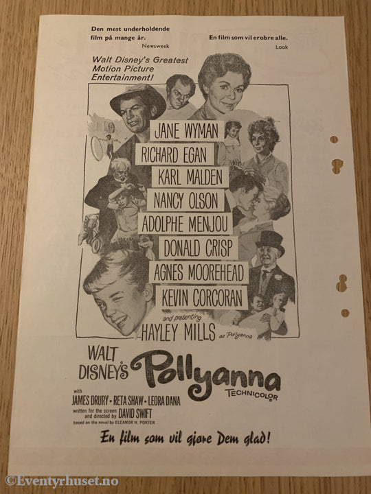 Disney Vaskeseddel/brosjyre. Triangel Film Sensurnr. 39267. Polyanna. Vaskeseddel/brosjyre