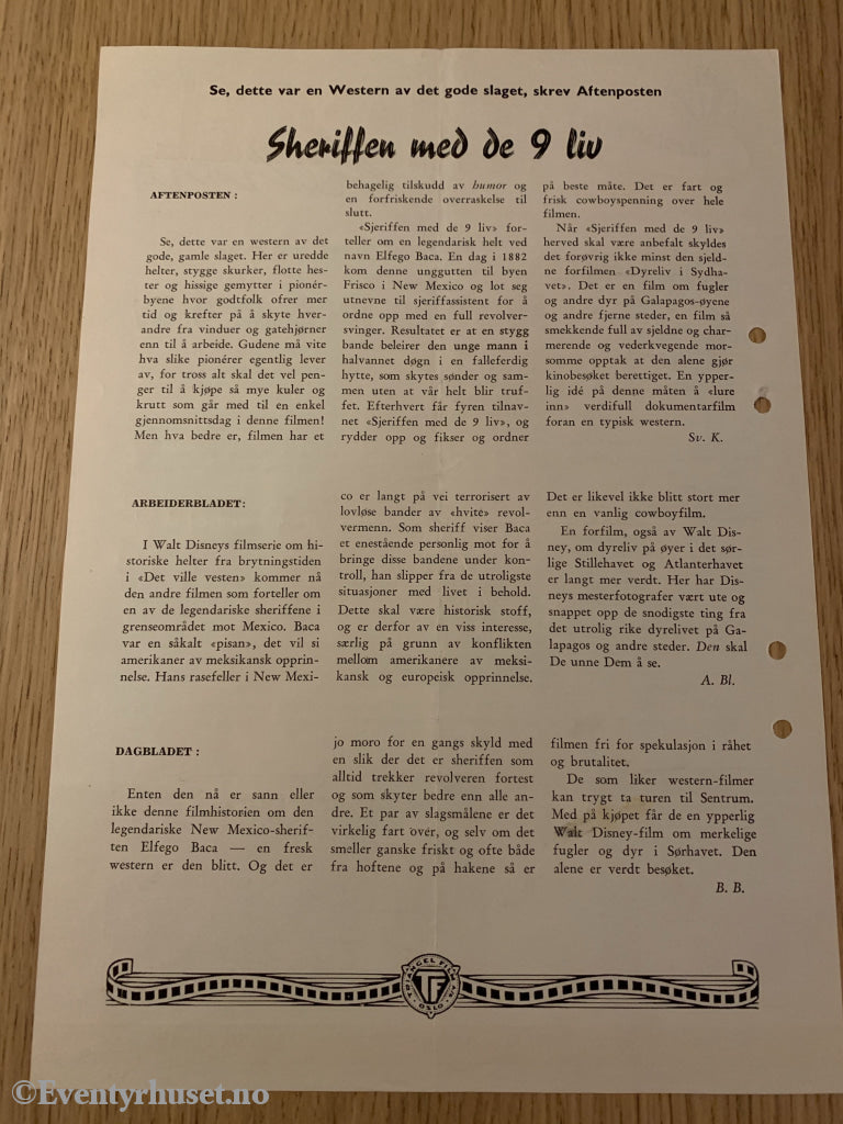 Disney Vaskeseddel/brosjyre. Triangel Film Sensurnr. 39609/10. Sheriffen Med De 9 Liv (The Nive