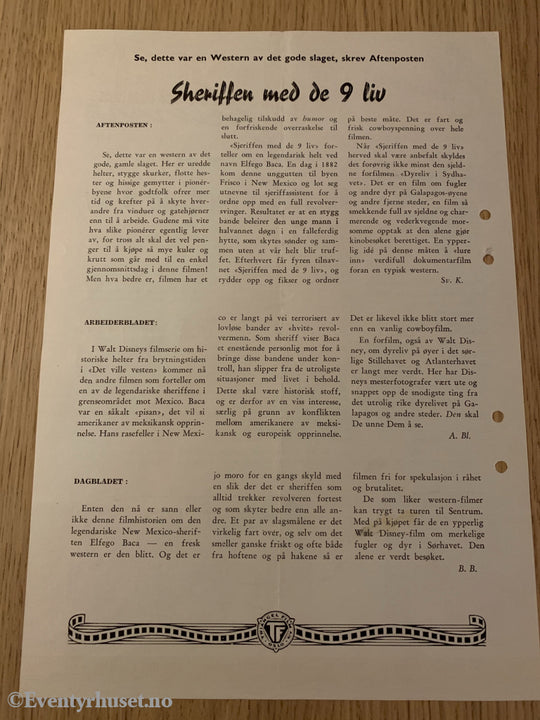 Disney Vaskeseddel/brosjyre. Triangel Film Sensurnr. 39609/10. Sheriffen Med De 9 Liv (The Nive