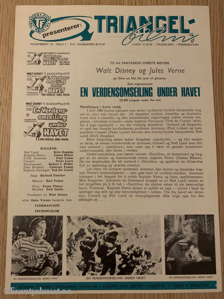 Disney Vaskeseddel/brosjyre. Triangel Film Sensurnr. 61648-49. Jules Verne - En Verdensomseiling