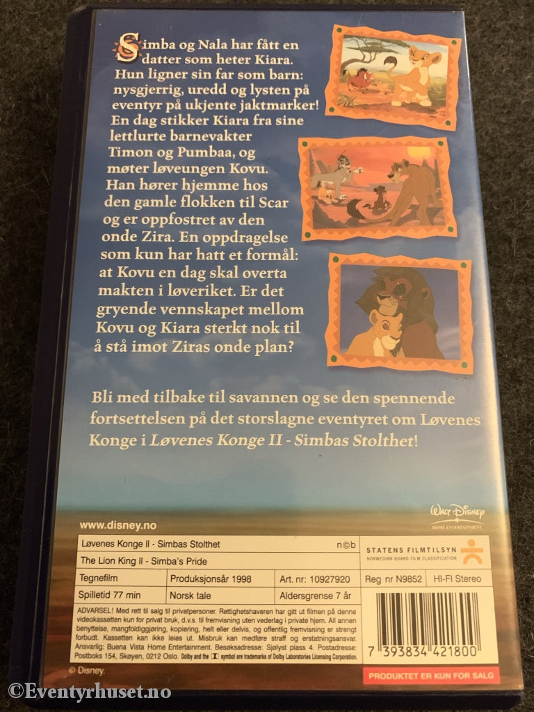 Disney Vhs 10927920. Løvenes Konge 2 - Simbas Stolthet. 1998.