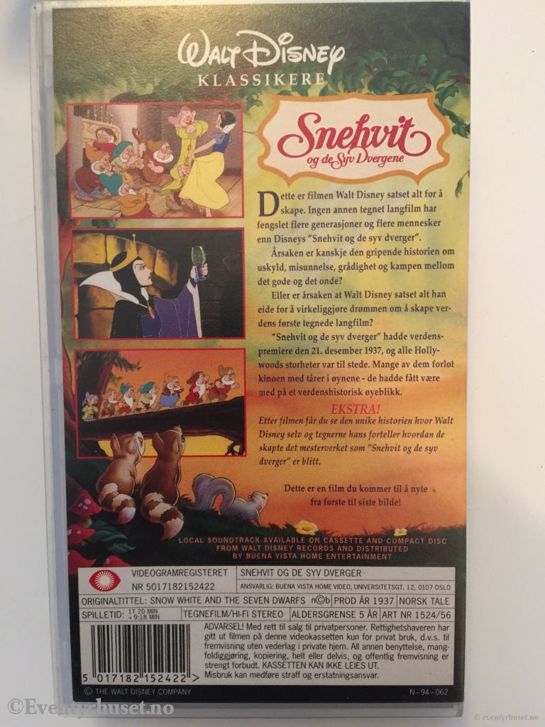 Disney Vhs. 1524/56. Snehvit Og De Syv Dvergene. Vhs