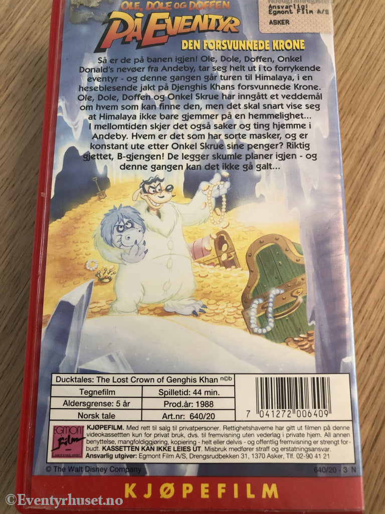 Disney Vhs. 640/20. Ole Dole Og Doffen På Eventyr - Den Forsvunnede Krone. 1988. Vhs