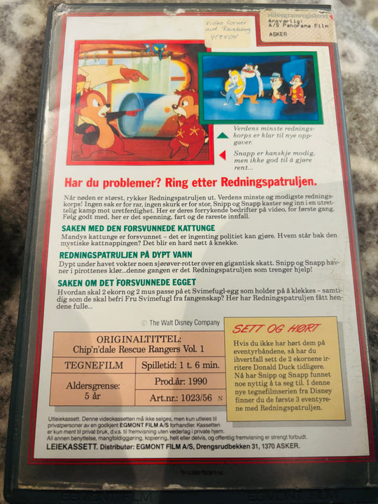 Disney VHS Big Box. Snipp og Snapp: Redningspatruljen. Vol. 1. Saken med den forsvunnede kattunge. 1990. VHS Big Box.