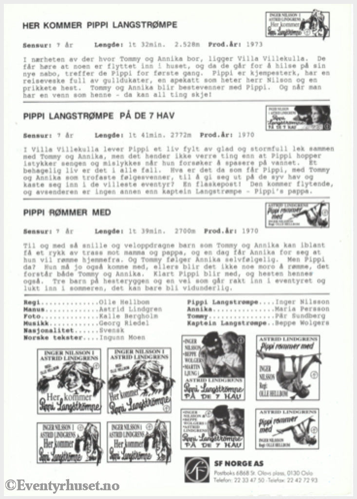 Download: Astrid Lindgren´s Pippi - 3 Filmer. Unik Brosjyre På 1 Side Med Norsk Tekst (Vaskeseddel).
