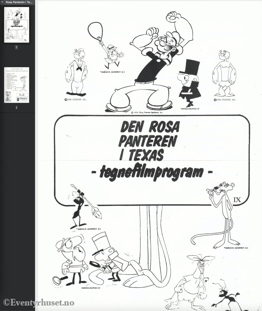 Download: Den Rosa Panteren I Texas - Tegnefilmprogram. Unik Brosjyre På 2 Sider Med Norsk Tekst