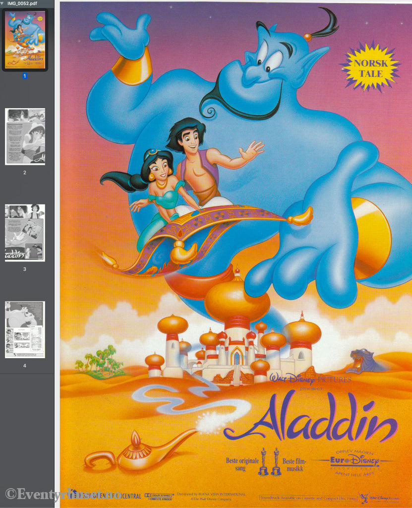 Download: Disney´s Aladdin. Unik Brosjyre På 4 Sider Med Norsk Tekst (Vaskeseddel). Digital Fil I