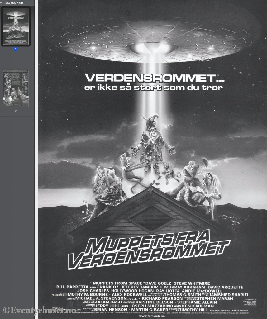 Download: Jim Henson´s Muppets Fra Verdensrommet. Unik Brosjyre På 2 Sider Med Norsk Tekst