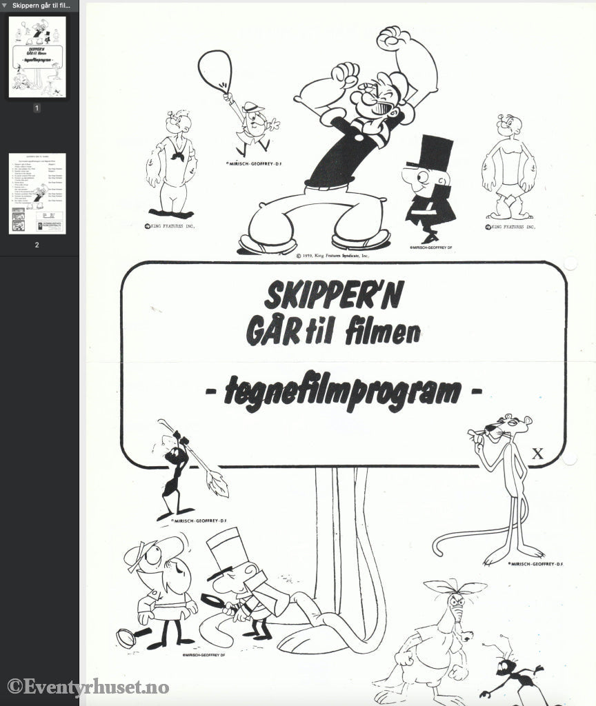 Download: Skipper´n Går Til Filmen - Tegnefilmprogram. Unik Brosjyre På 2 Sider Med Norsk Tekst