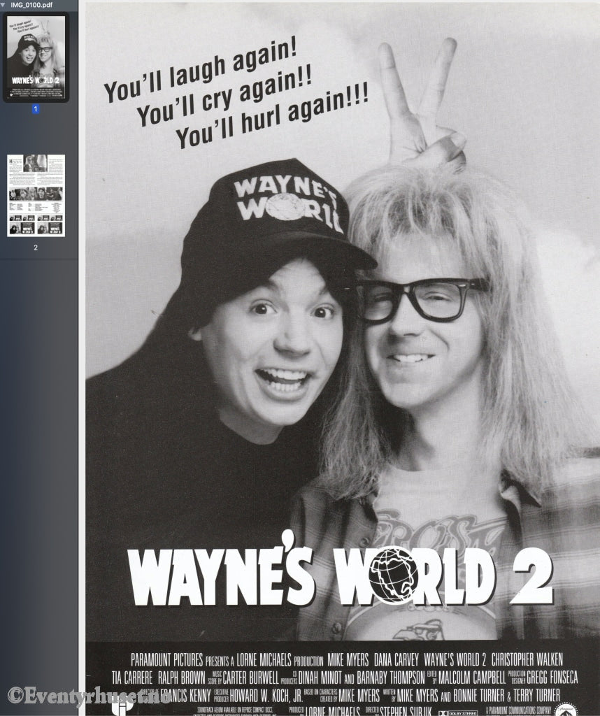 Download: Wayne´s World 2. Unik Brosjyre På Sider Med Norsk Tekst (Vaskeseddel). Digital Fil I