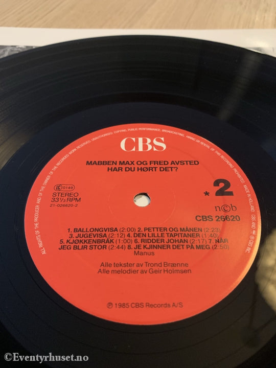 Har Du Hørt Det Mabben Max Og Fred Avsted. 1985. Lp. Lp Plate