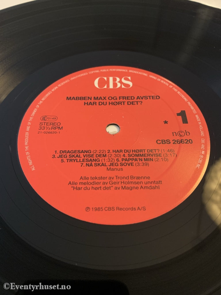 Har Du Hørt Det Mabben Max Og Fred Avsted. 1985. Lp. Lp Plate