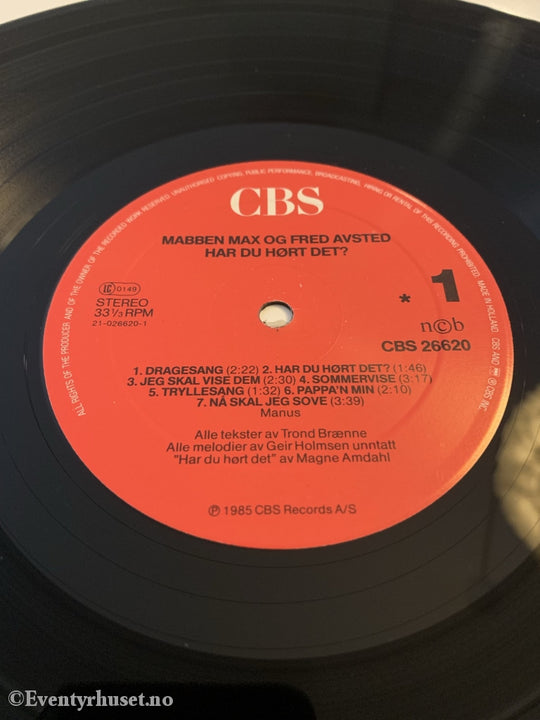 Har Du Hørt Det Mabben Max Og Fred Avsted. 1985. Lp. Lp Plate