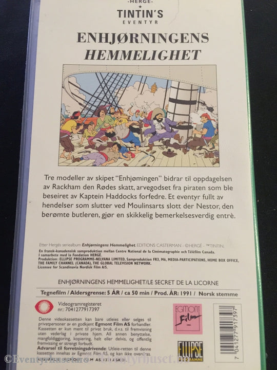 Tintin. 1991. Enhjørningens Hemmelighet. Vhs. Vhs