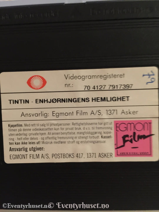 Tintin. 1991. Enhjørningens Hemmelighet. Vhs. Vhs