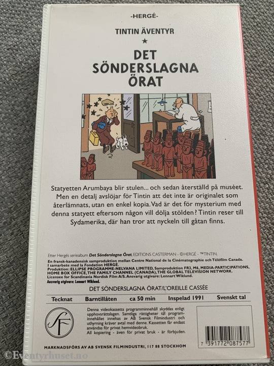 Hergé: Tintin. Det Sönderslagna Örat. 1991. Vhs. Svensk Tale. Vhs