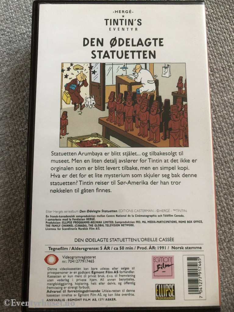 Hergé: Tintins Eventyr - Den Ødelagte Statuetten. 1991. Vhs. Vhs