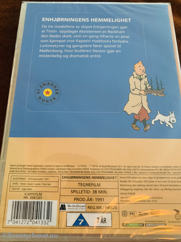 Hergé. Tintins Opplevelser. Enhjørningens hemmelighet. 1991. DVD ny i plast. DVD