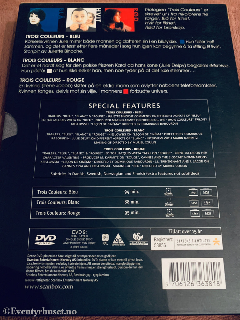 Kieslowski: Blå, Hvit, Rød Trilogien (1993-1994). DVD samleboks.