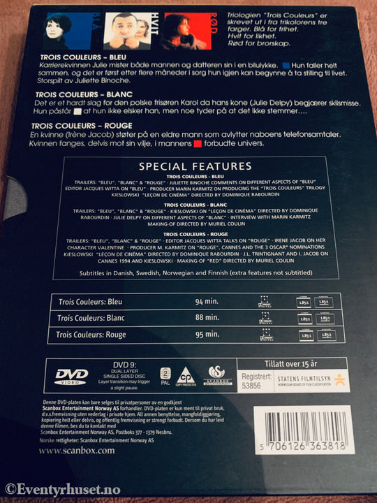 Kieslowski: Blå, Hvit, Rød Trilogien (1993-1994). DVD samleboks.