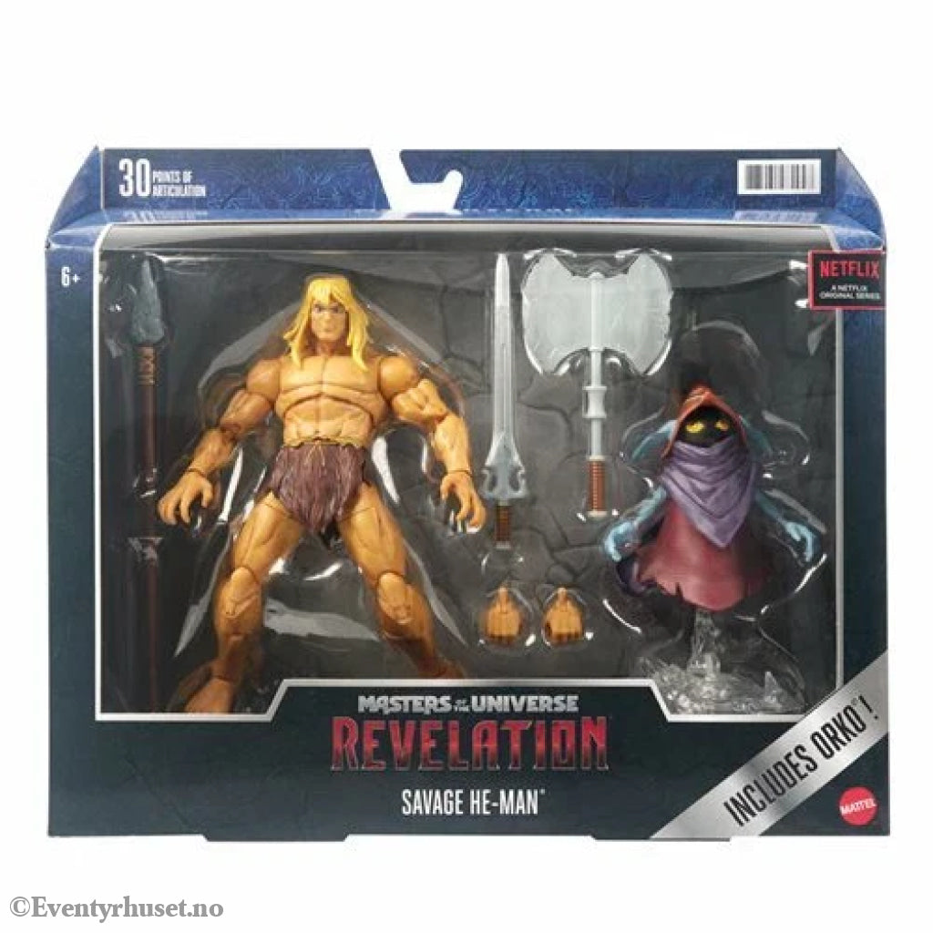 MOTU MATTEL Masters of the Universe Masterverse Revelation Savage He-Man with Orko – Actionfigur. Ny og uåpnet!