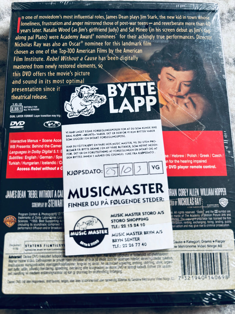 Rebel Without a Cause. DVD snap case. Ny i plast!