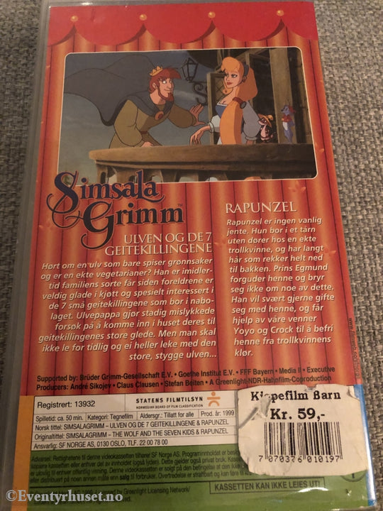 Simsala Grimm. 1999. Ulven Og De 7 Geitekillingene & Rapunzel. Vhs. Vhs