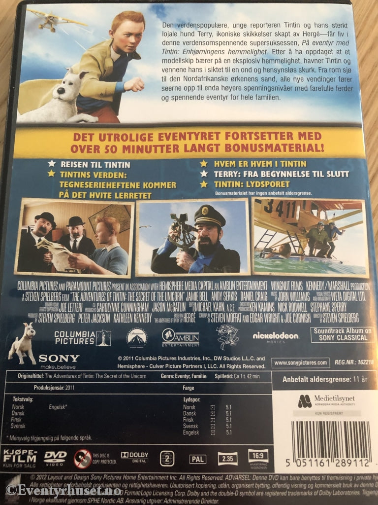 Steven Spielberg. På Eventyr Med Tintin. Enhjørningens Hemmelighet. 2011. Dvd. Dvd