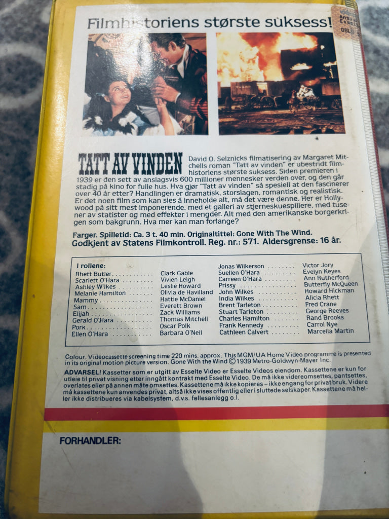 Tatt av Vinden. Dobbelt-VHS. VHS Big Box. VHS