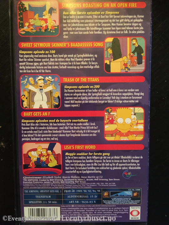 The Simpsons Greatest Hits Volume 1. 1989 - 98. Vhs (Norsk).
