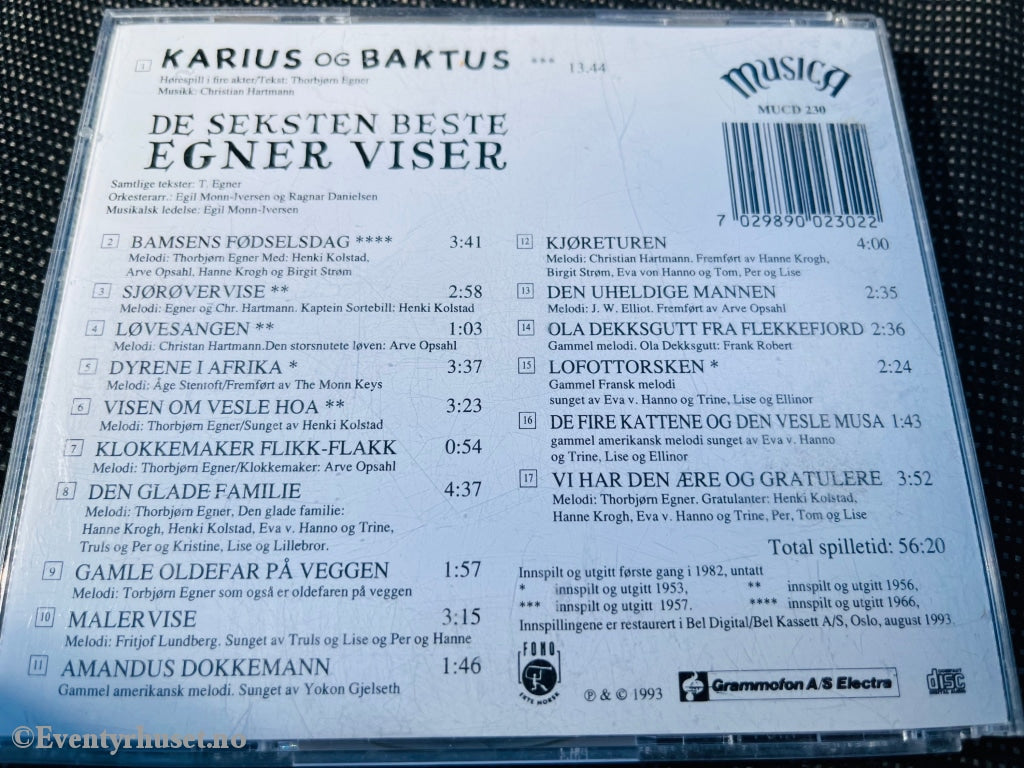 Thorbjørn Egner. 1993. De Seksten Beste Egner-Viser Pluss Karius Og Baktus. Cd (Blå). Lydbok