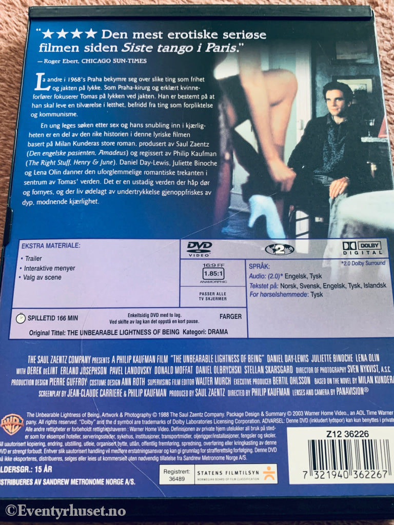 Tilværelsens uutholdelige letthet (1988). DVD snapcase.