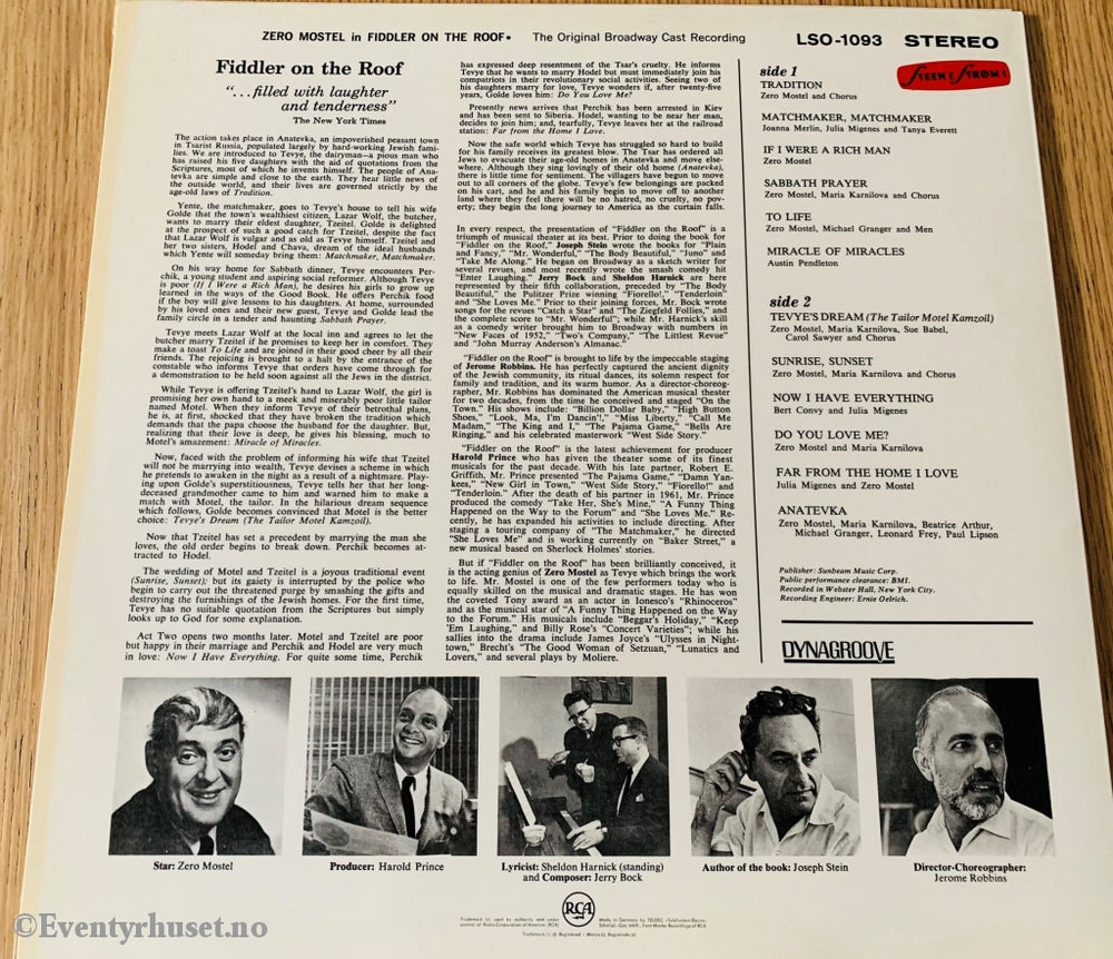 Zero Mostel - Fiddler On The Roof (The Original Broadway Cast Recording). Lp. Lp Plate