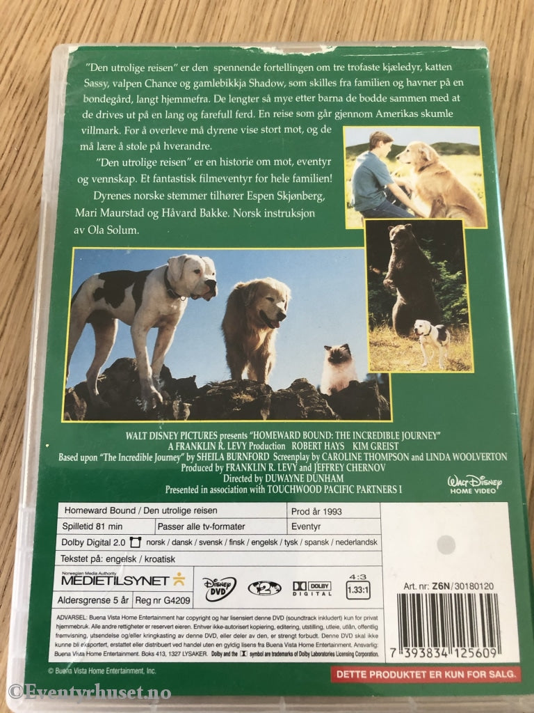 Disney Dvd. Den Utrolige Reisen. 1993. Dvd