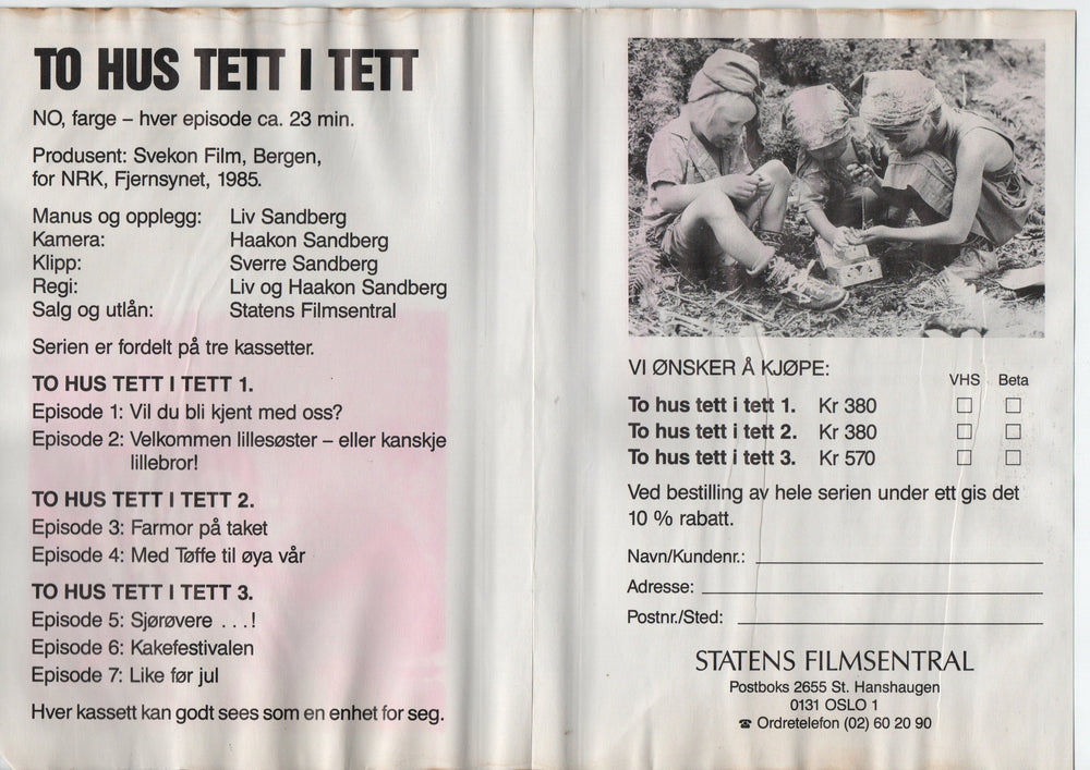 Download / Stream: To hus tett i tett - og vi som bor her. 1985. VHS Big Box. Norwegian.