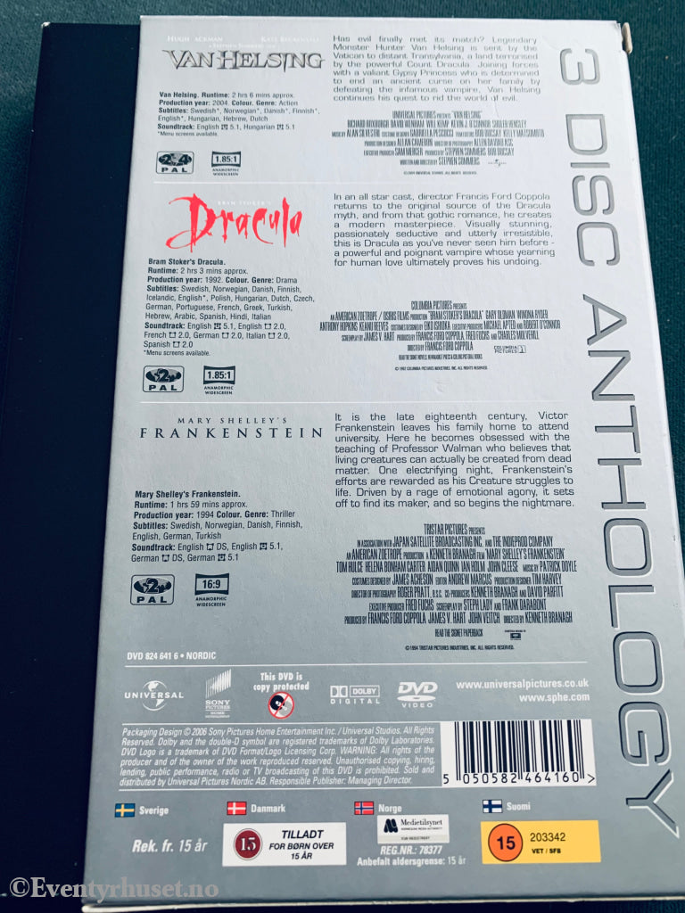 3 Disk Anthology - Van Helsing / Dracula Frankenstein. Dvd Samleboks.