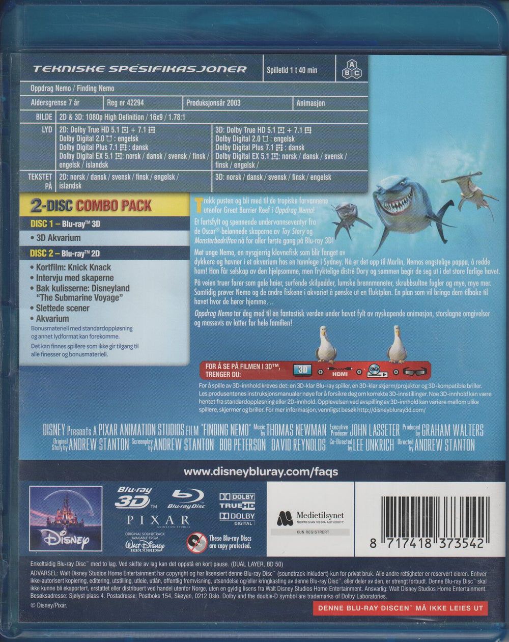 Oppdrag Nemo (Finding Nemo) 3D. 2003. Blu-ray.