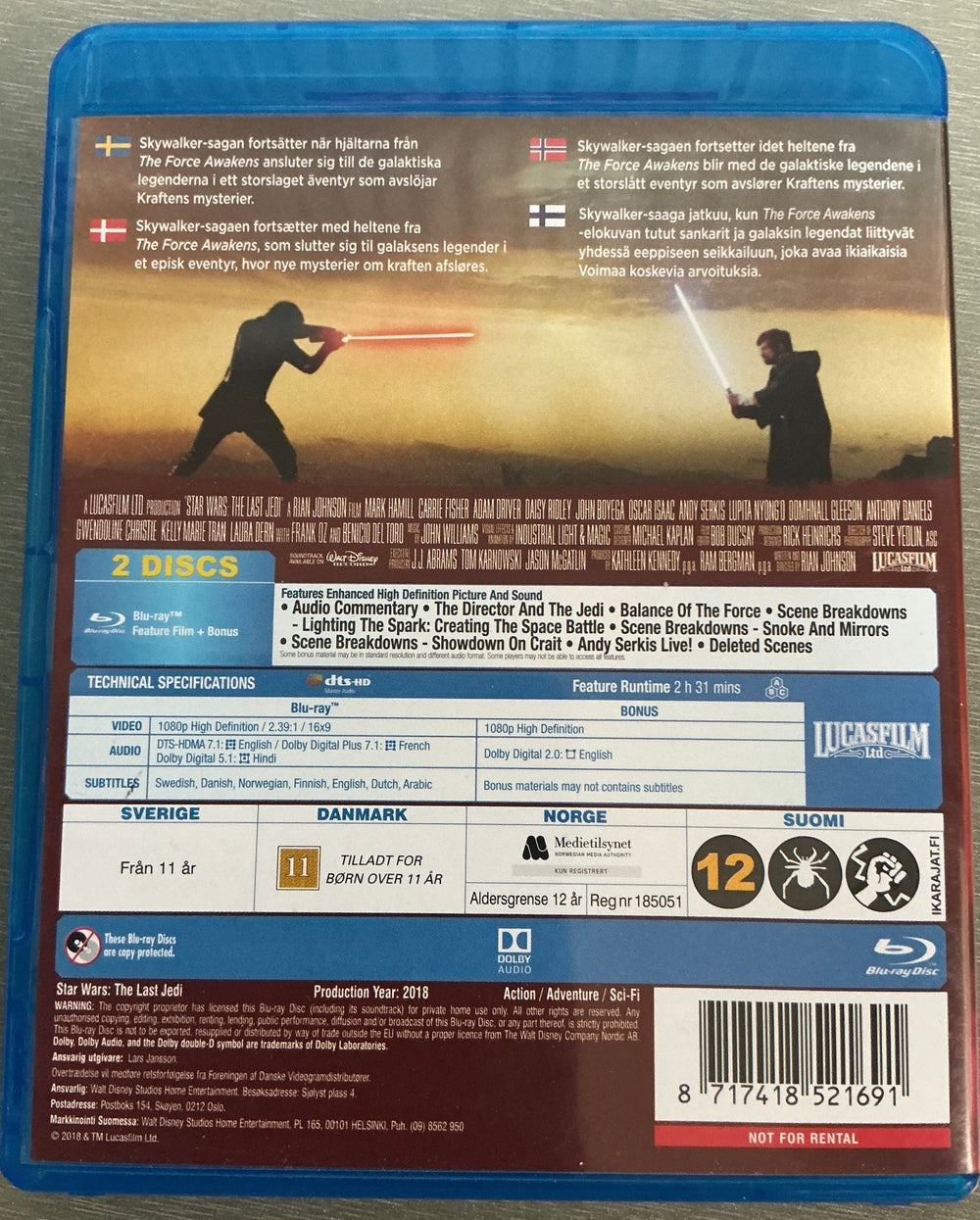 Star Wars: The Last Jedi. 2017. Blu-ray.