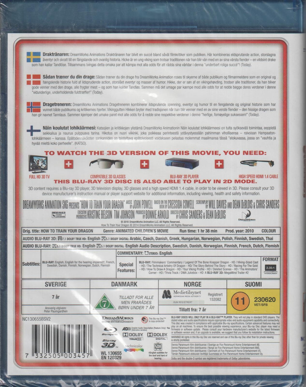 How to Train Your Dragon 3D (Dragetreneren). 2010. Blu-ray 3D + Blu-ray. Ny i plast!